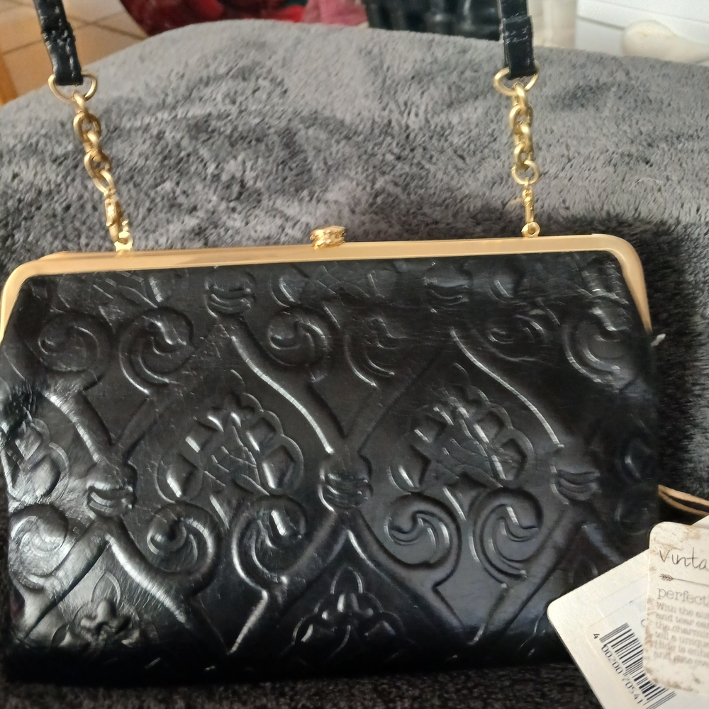 HOBO Black Embossed Clutch with Gold Chain